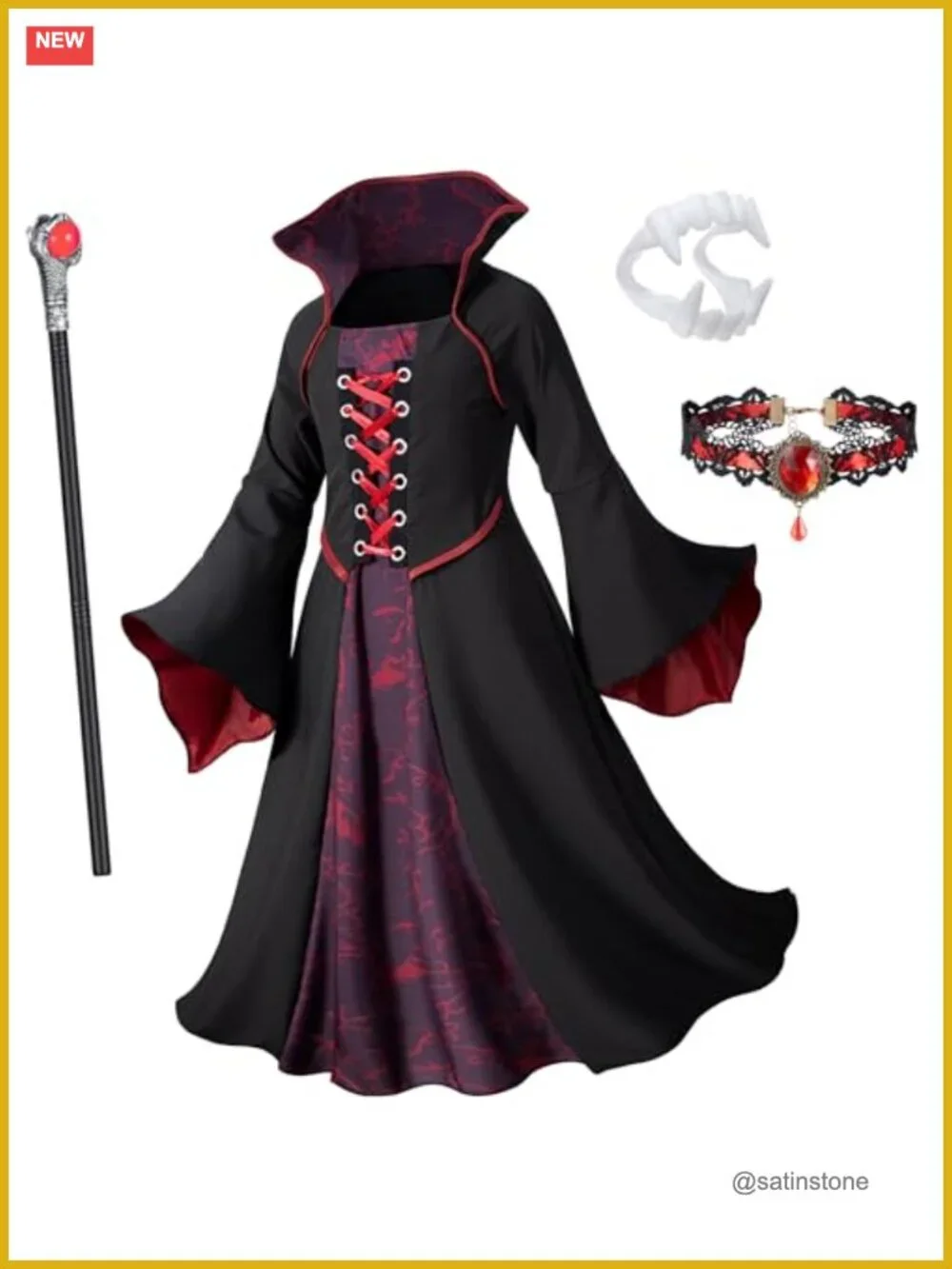 Girls Vampire Costume with Fangs, Choker & Staff Halloween